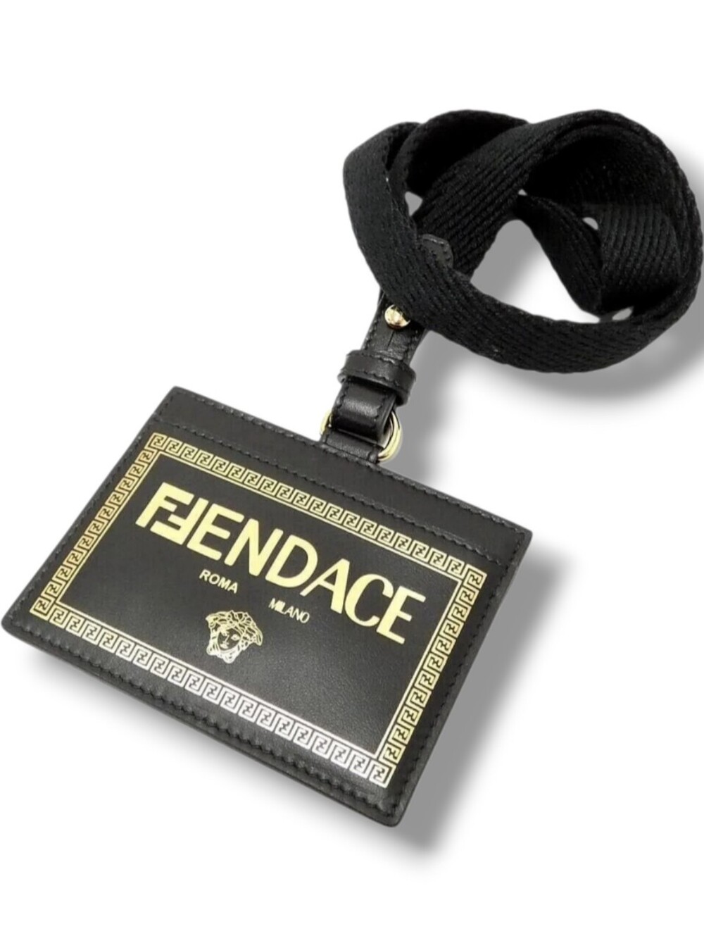 FENDACE Fendi x Versace LANYARD Cardholder Black Leather Card Holder New In Box